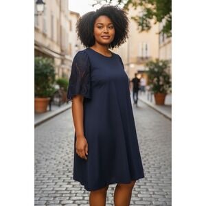 Chico's Navy Blue Dress Size 2 (US 12) Embroidered Lace Sleeve Shift Midi Boho